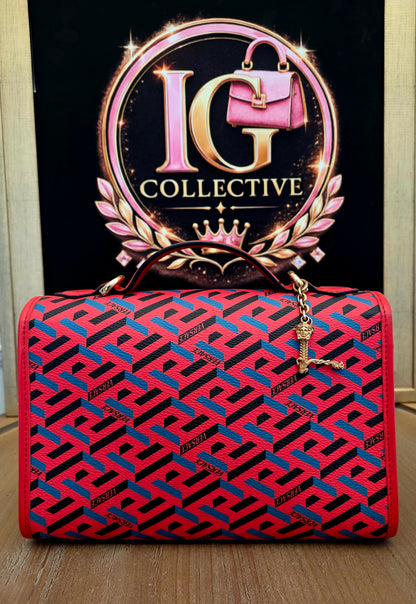 Authentic Versace La Greca Print Leather Top Handle Crossbody Bag | Red | Gold Hardware | Made in Italy