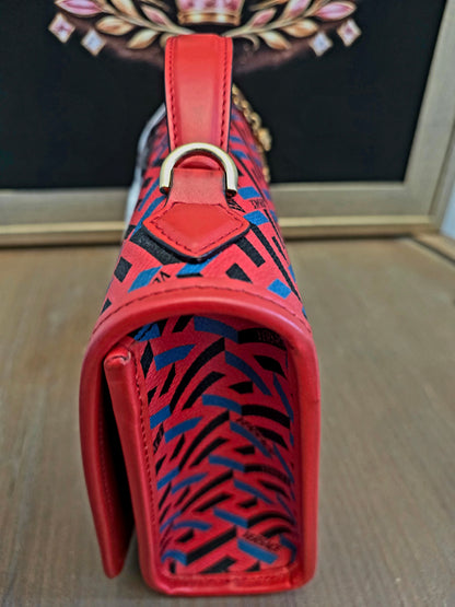 Authentic Versace La Greca Print Leather Top Handle Crossbody Bag | Red | Gold Hardware | Made in Italy