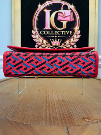 Authentic Versace La Greca Print Leather Top Handle Crossbody Bag | Red | Gold Hardware | Made in Italy