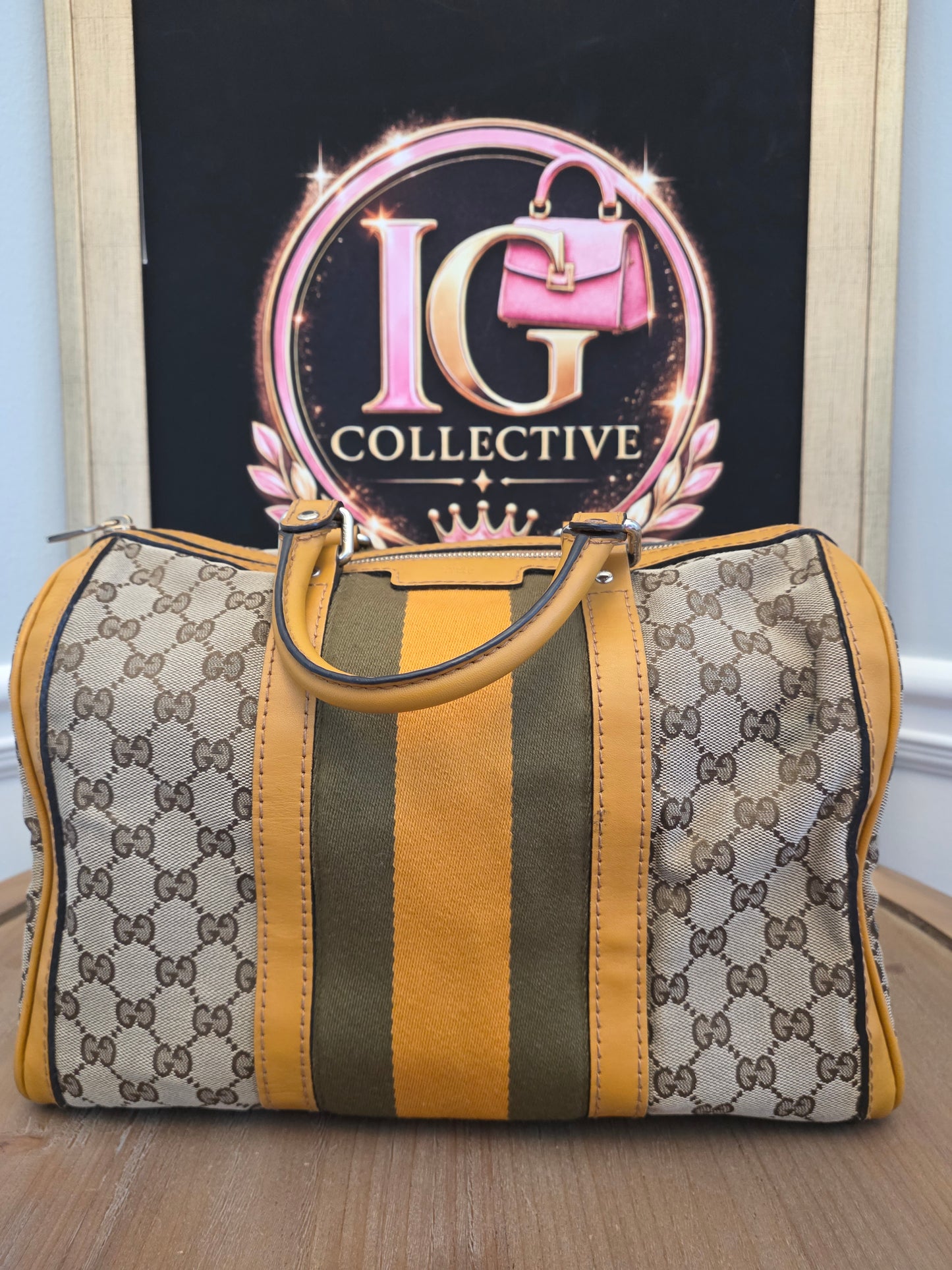 Authentic Gucci GG Canvas Boston Bag | Beige GG Monogram Canvas | Yellow Leather & Web Stripe | Crossbody Satchel | Made in Italy
