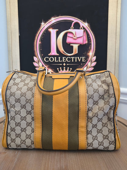Authentic Gucci GG Canvas Boston Bag | Beige GG Monogram Canvas | Yellow Leather & Web Stripe | Crossbody Satchel | Made in Italy