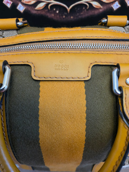 Authentic Gucci GG Canvas Boston Bag | Beige GG Monogram Canvas | Yellow Leather & Web Stripe | Crossbody Satchel | Made in Italy