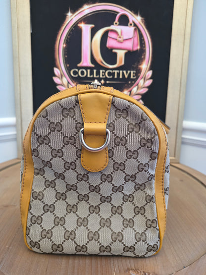 Authentic Gucci GG Canvas Boston Bag | Beige GG Monogram Canvas | Yellow Leather & Web Stripe | Crossbody Satchel | Made in Italy