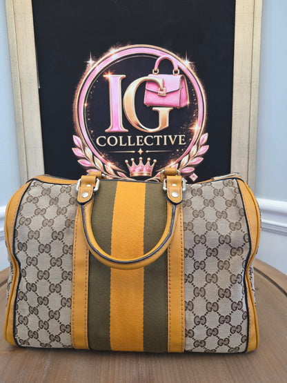 Authentic Gucci GG Canvas Boston Bag | Beige GG Monogram Canvas | Yellow Leather & Web Stripe | Crossbody Satchel | Made in Italy