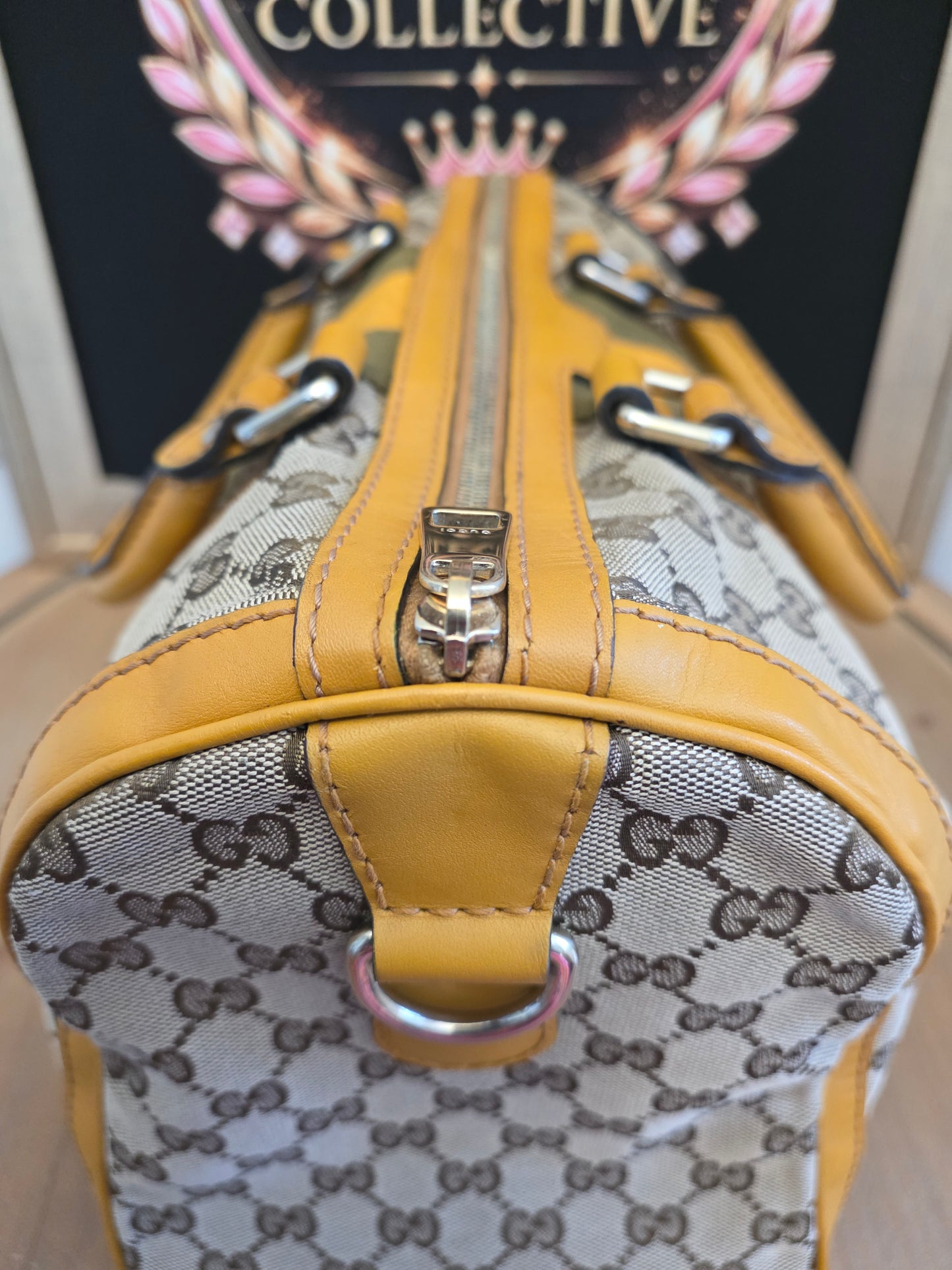 Authentic Gucci GG Canvas Boston Bag | Beige GG Monogram Canvas | Yellow Leather & Web Stripe | Crossbody Satchel | Made in Italy