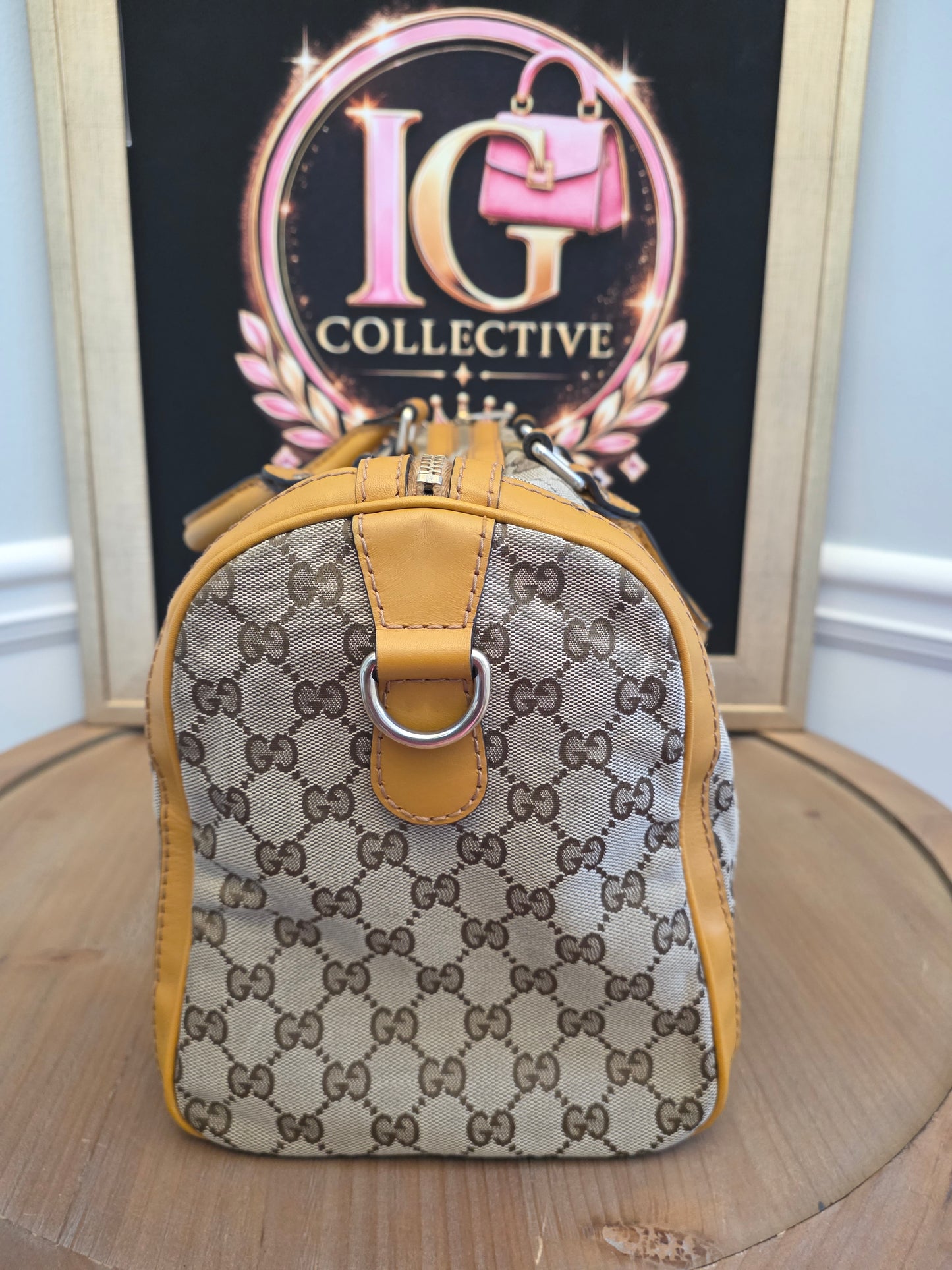 Authentic Gucci GG Canvas Boston Bag | Beige GG Monogram Canvas | Yellow Leather & Web Stripe | Crossbody Satchel | Made in Italy