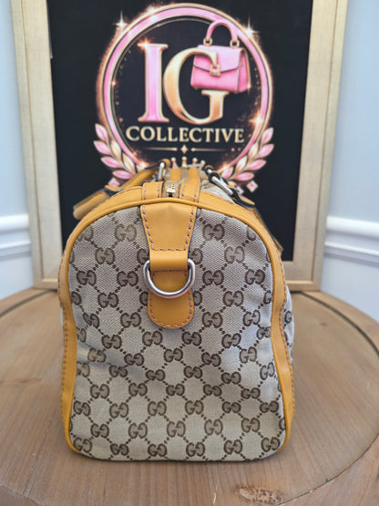Authentic Gucci GG Canvas Boston Bag | Beige GG Monogram Canvas | Yellow Leather & Web Stripe | Crossbody Satchel | Made in Italy
