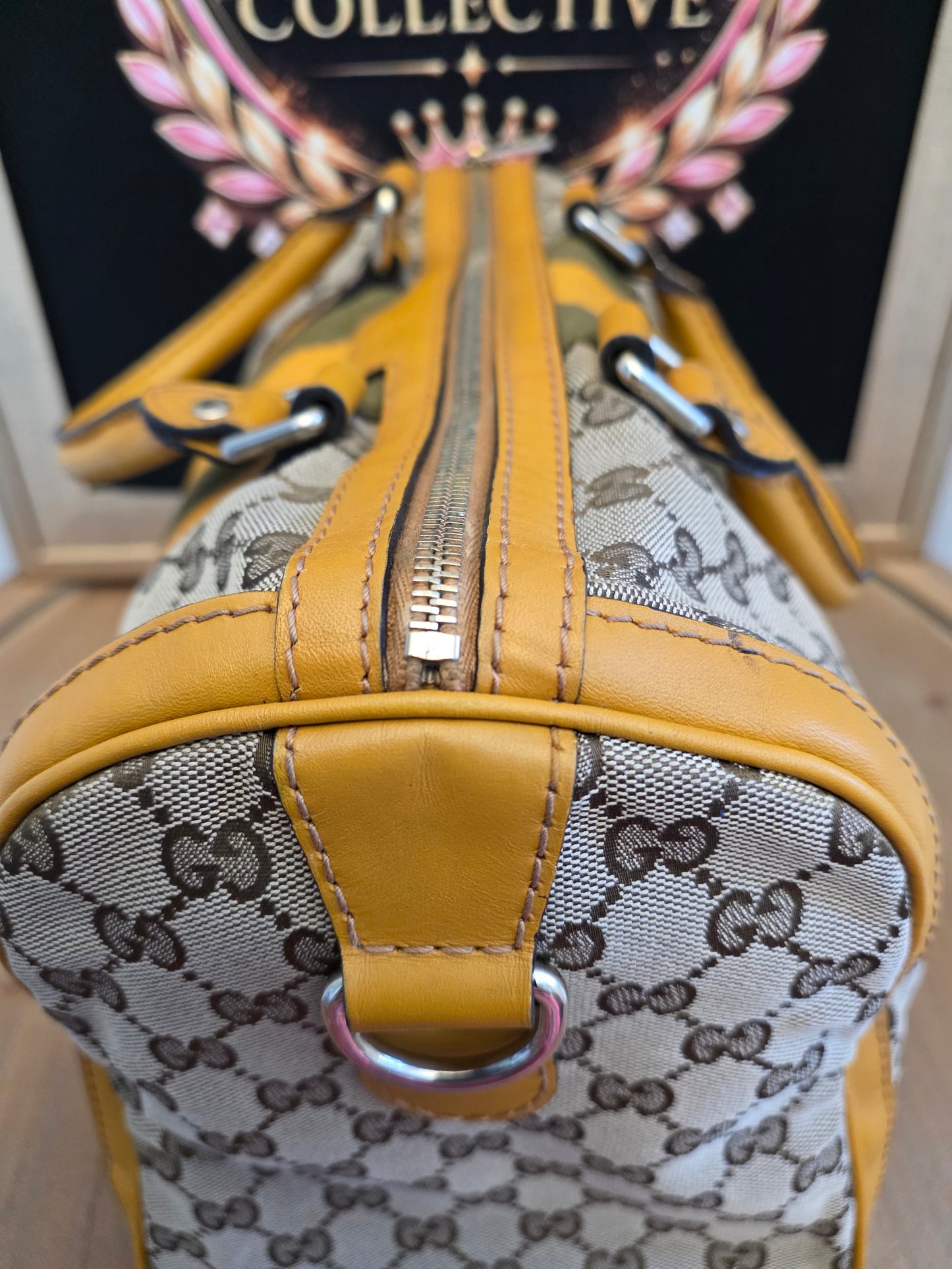 Authentic Gucci GG Canvas Boston Bag | Beige GG Monogram Canvas | Yellow Leather & Web Stripe | Crossbody Satchel | Made in Italy
