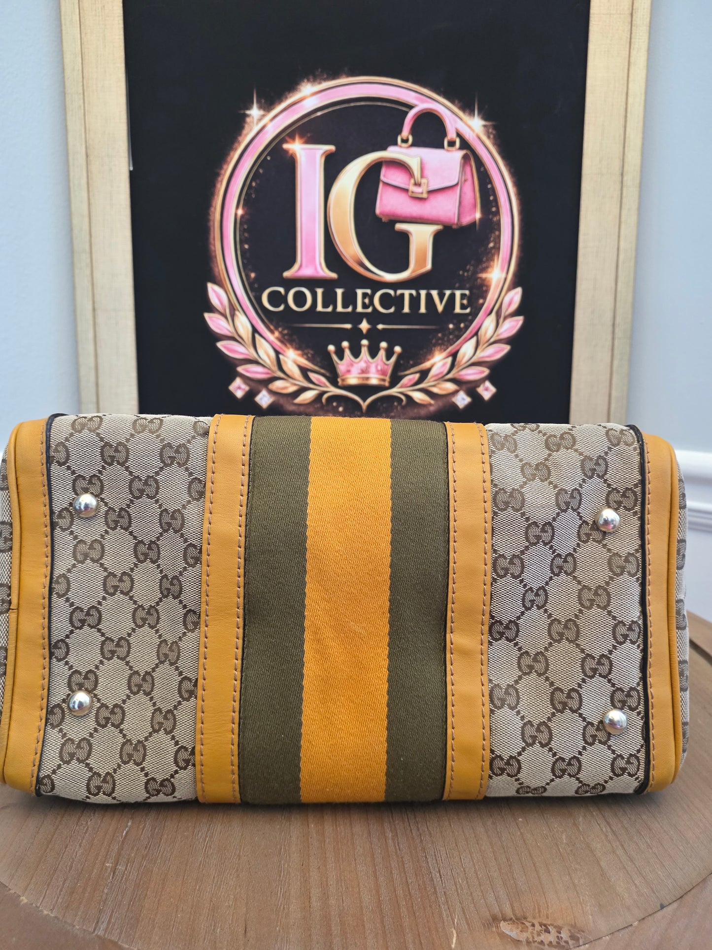 Authentic Gucci GG Canvas Boston Bag | Beige GG Monogram Canvas | Yellow Leather & Web Stripe | Crossbody Satchel | Made in Italy