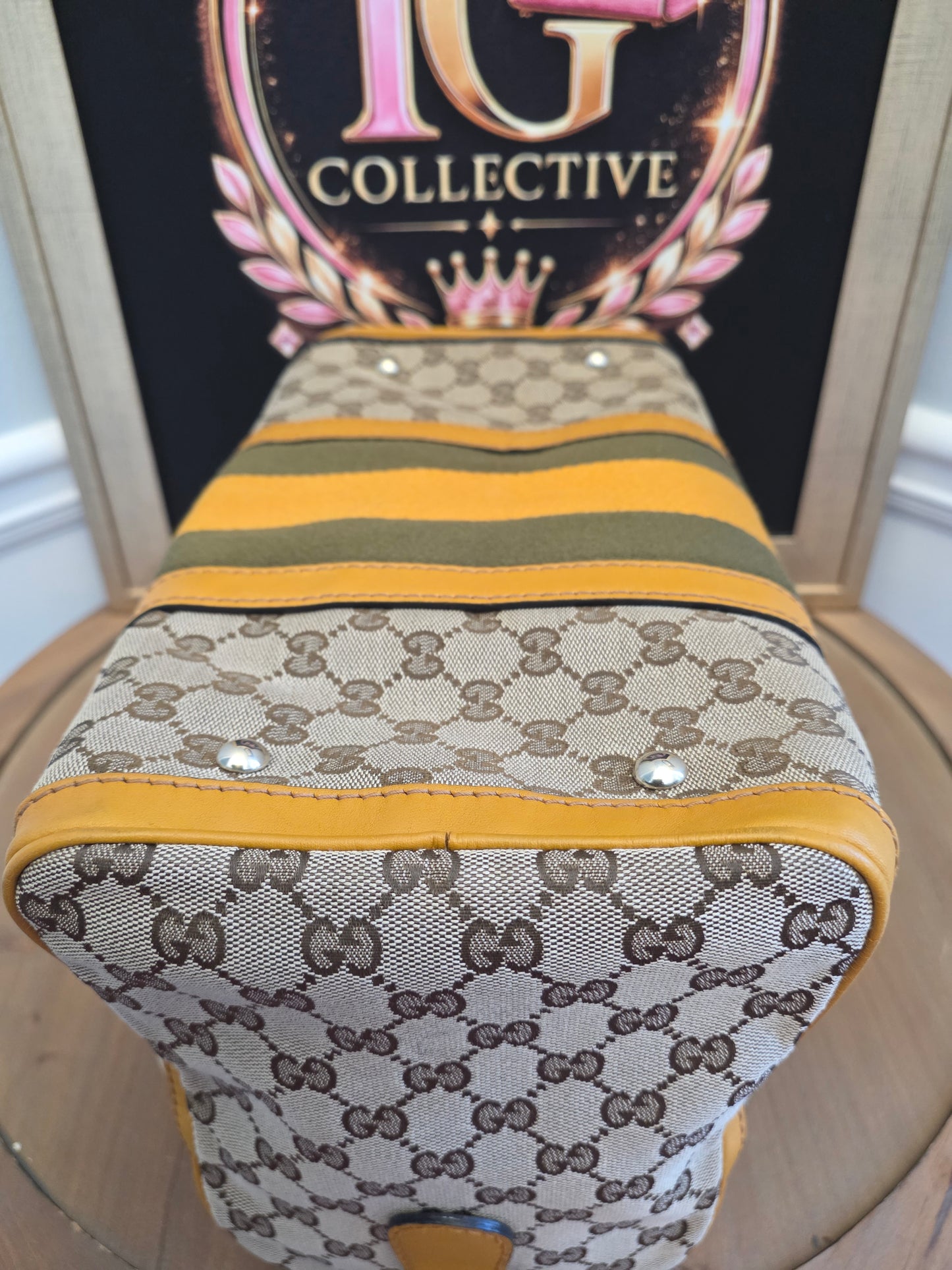 Authentic Gucci GG Canvas Boston Bag | Beige GG Monogram Canvas | Yellow Leather & Web Stripe | Crossbody Satchel | Made in Italy