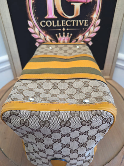 Authentic Gucci GG Canvas Boston Bag | Beige GG Monogram Canvas | Yellow Leather & Web Stripe | Crossbody Satchel | Made in Italy