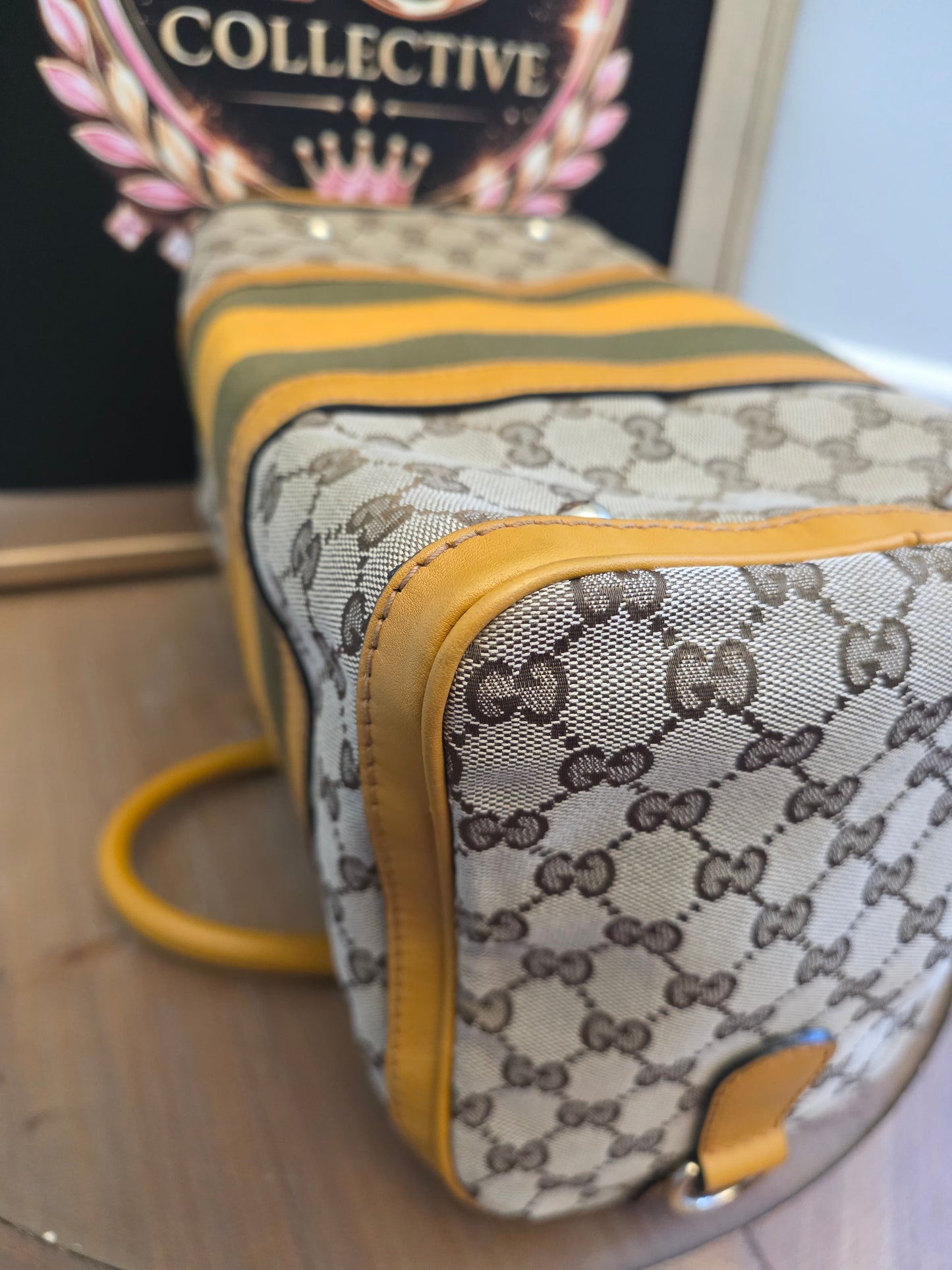 Authentic Gucci GG Canvas Boston Bag | Beige GG Monogram Canvas | Yellow Leather & Web Stripe | Crossbody Satchel | Made in Italy
