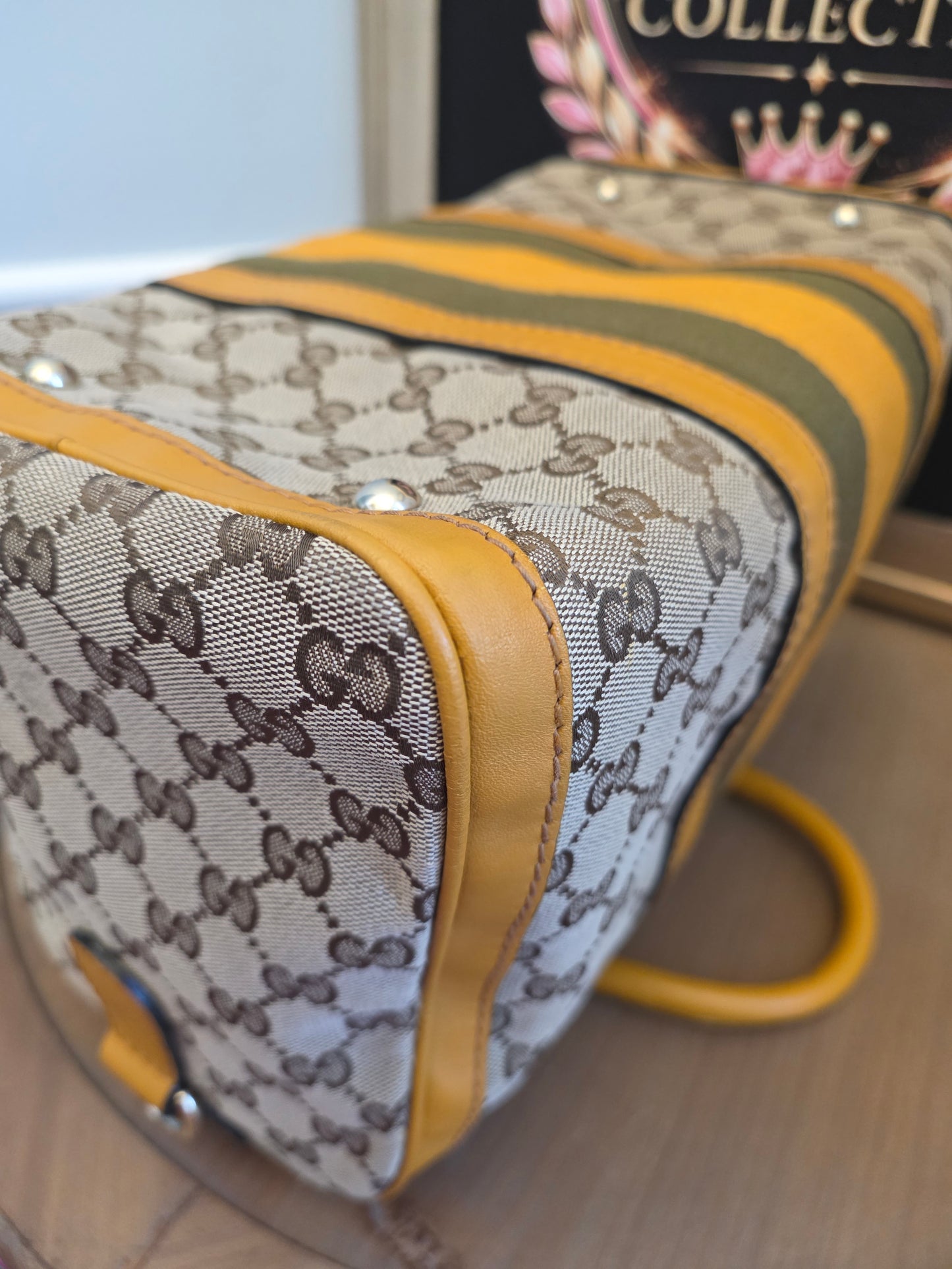 Authentic Gucci GG Canvas Boston Bag | Beige GG Monogram Canvas | Yellow Leather & Web Stripe | Crossbody Satchel | Made in Italy