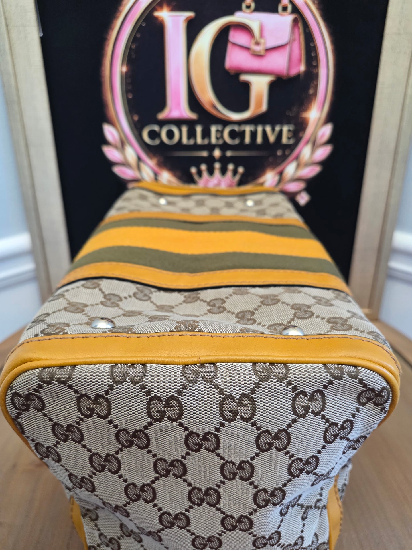 Authentic Gucci GG Canvas Boston Bag | Beige GG Monogram Canvas | Yellow Leather & Web Stripe | Crossbody Satchel | Made in Italy