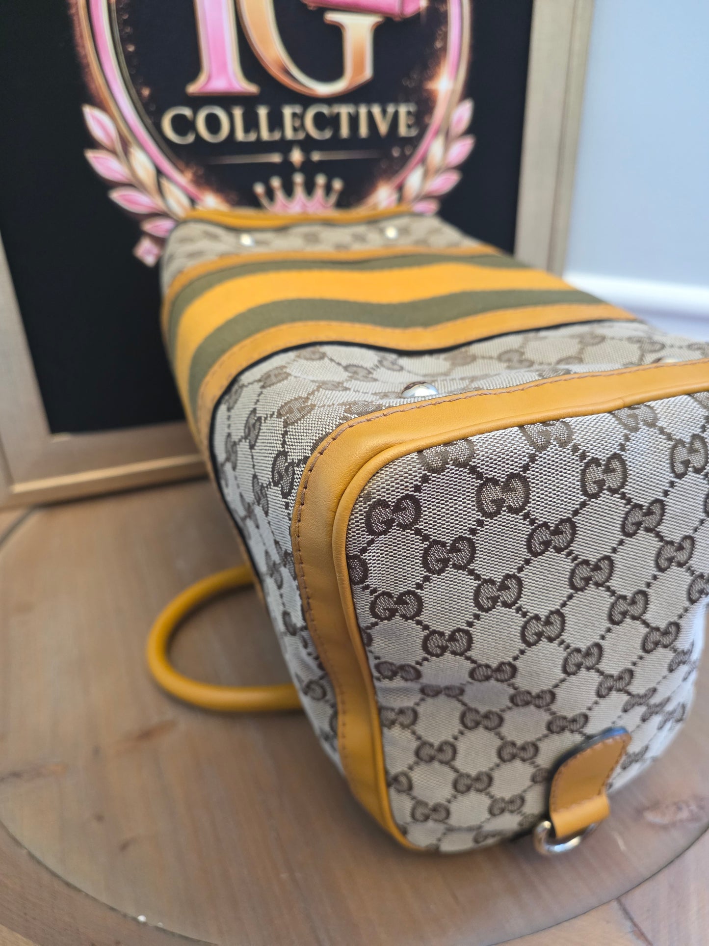 Authentic Gucci GG Canvas Boston Bag | Beige GG Monogram Canvas | Yellow Leather & Web Stripe | Crossbody Satchel | Made in Italy