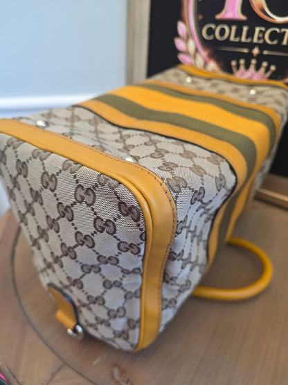 Authentic Gucci GG Canvas Boston Bag | Beige GG Monogram Canvas | Yellow Leather & Web Stripe | Crossbody Satchel | Made in Italy