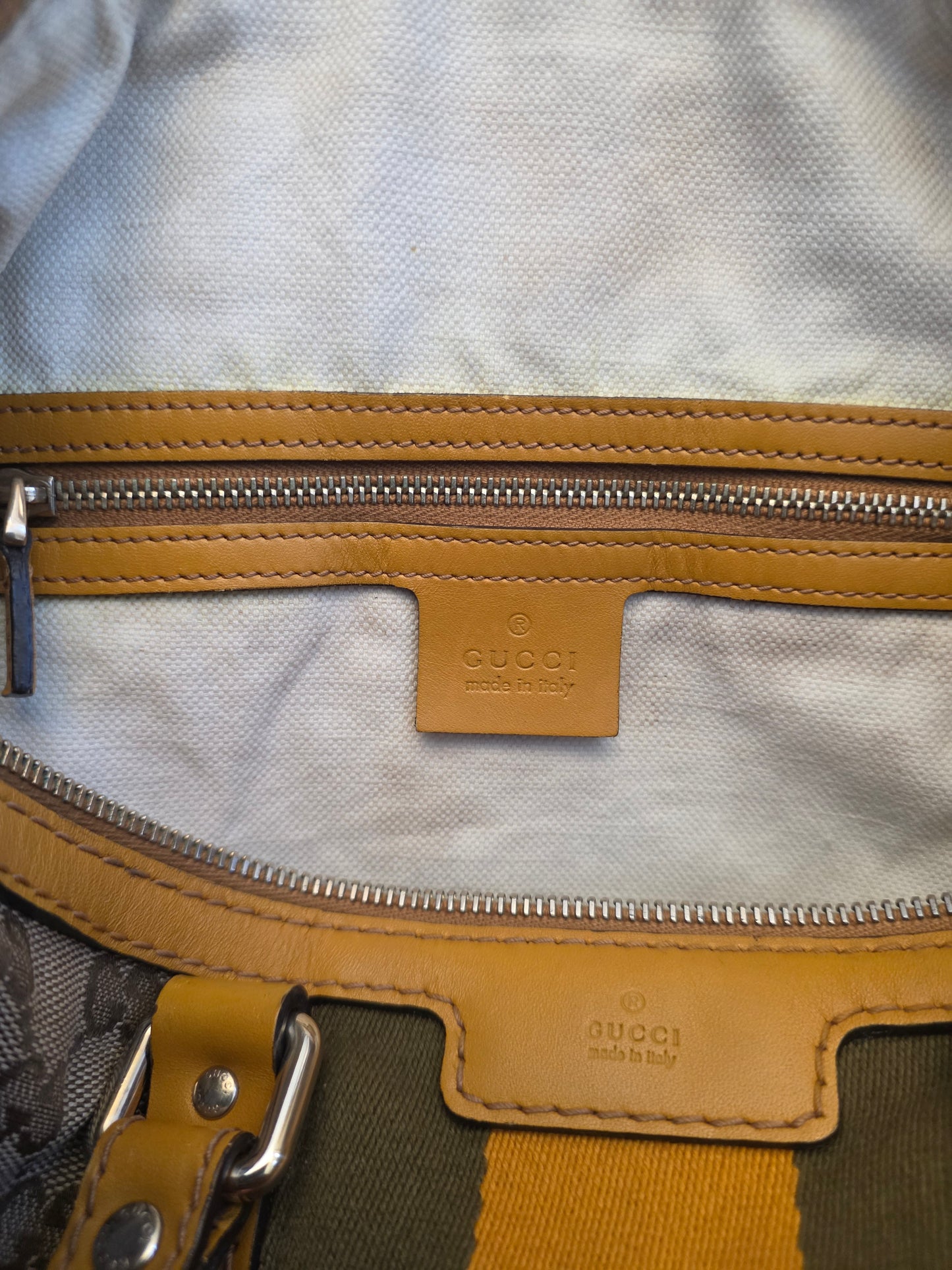 Authentic Gucci GG Canvas Boston Bag | Beige GG Monogram Canvas | Yellow Leather & Web Stripe | Crossbody Satchel | Made in Italy