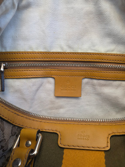 Authentic Gucci GG Canvas Boston Bag | Beige GG Monogram Canvas | Yellow Leather & Web Stripe | Crossbody Satchel | Made in Italy