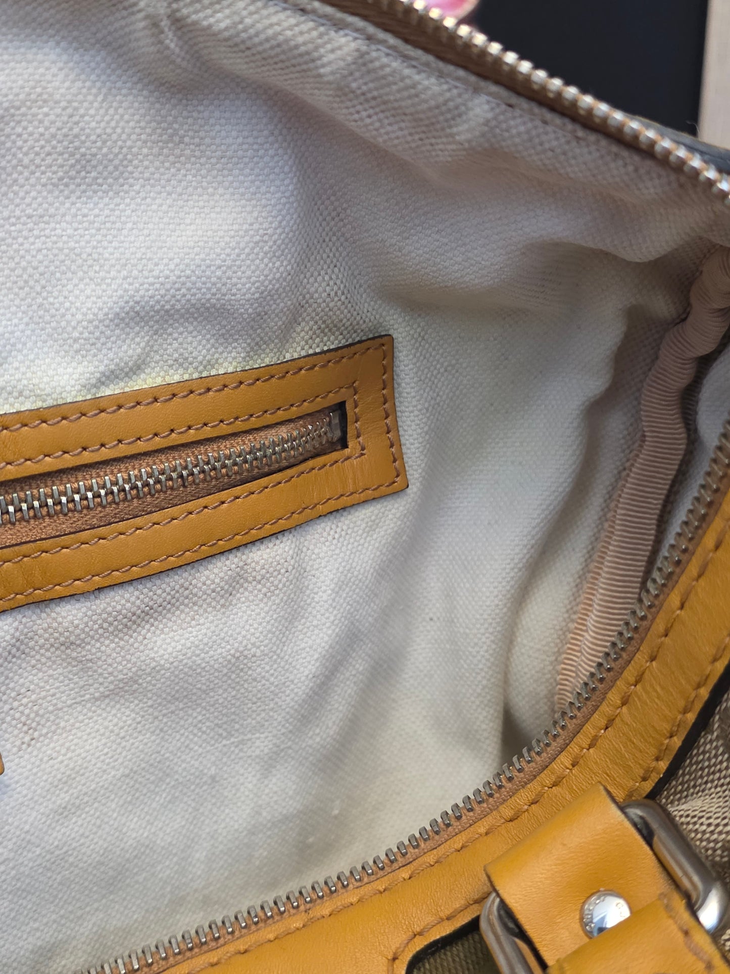 Authentic Gucci GG Canvas Boston Bag | Beige GG Monogram Canvas | Yellow Leather & Web Stripe | Crossbody Satchel | Made in Italy
