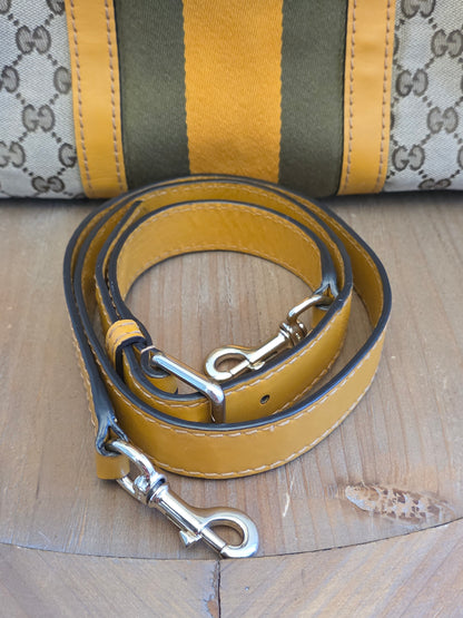 Authentic Gucci GG Canvas Boston Bag | Beige GG Monogram Canvas | Yellow Leather & Web Stripe | Crossbody Satchel | Made in Italy