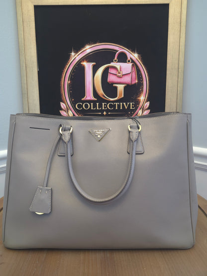Authentic Prada Saffiano Lux Large Double Handle Tote | Argilla Gray | Gold Hardware | Made in Italy