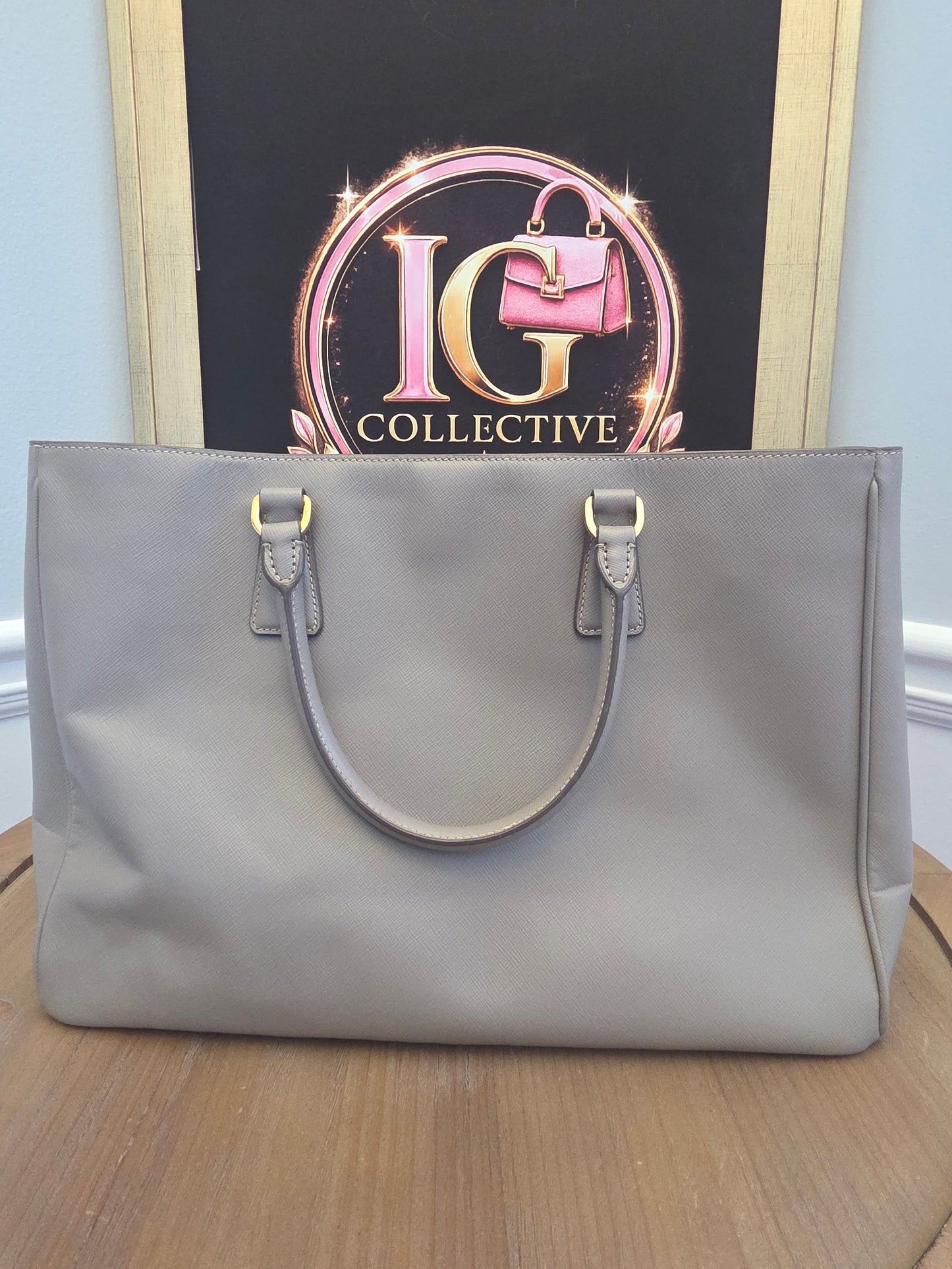 Authentic Prada Saffiano Lux Large Double Handle Tote | Argilla Gray | Gold Hardware | Made in Italy