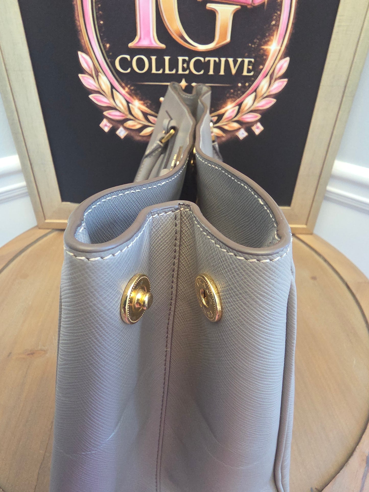 Authentic Prada Saffiano Lux Large Double Handle Tote | Argilla Gray | Gold Hardware | Made in Italy