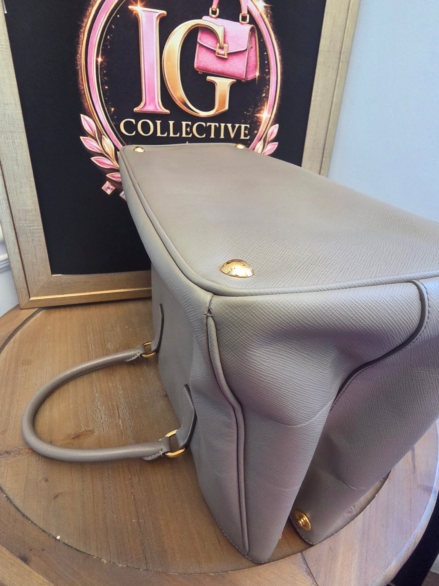 Authentic Prada Saffiano Lux Large Double Handle Tote | Argilla Gray | Gold Hardware | Made in Italy