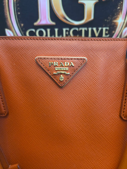Prada Saffiano Lux Double Zip Tote Bag Papaya Orange Leather Gold Hardware BN1801 Authentic