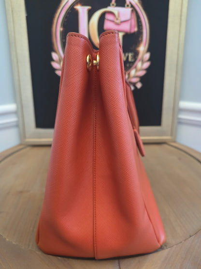 Prada Saffiano Lux Double Zip Tote Bag Papaya Orange Leather Gold Hardware BN1801 Authentic