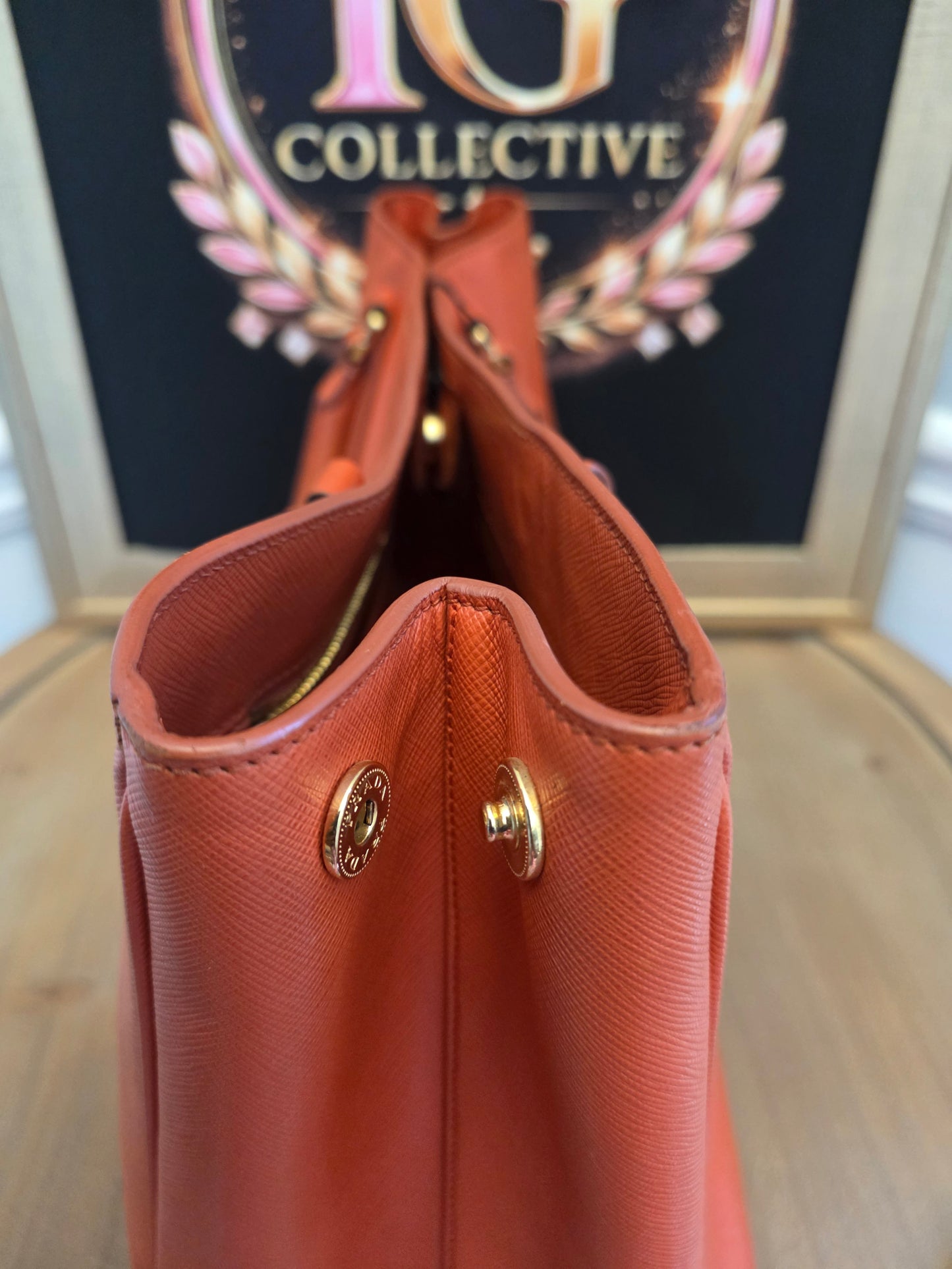 Prada Saffiano Lux Double Zip Tote Bag Papaya Orange Leather Gold Hardware BN1801 Authentic