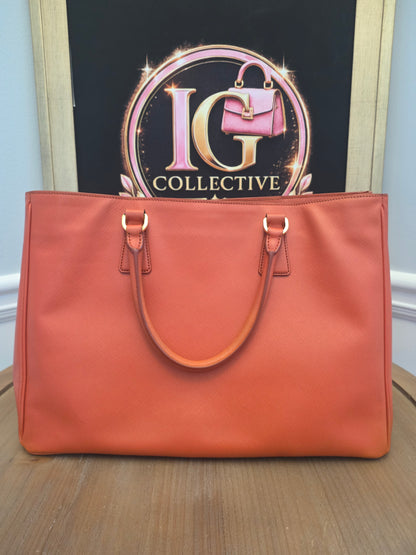 Prada Saffiano Lux Double Zip Tote Bag Papaya Orange Leather Gold Hardware BN1801 Authentic