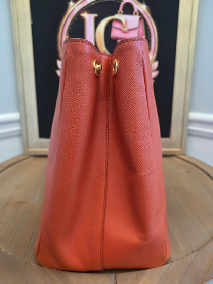 Prada Saffiano Lux Double Zip Tote Bag Papaya Orange Leather Gold Hardware BN1801 Authentic