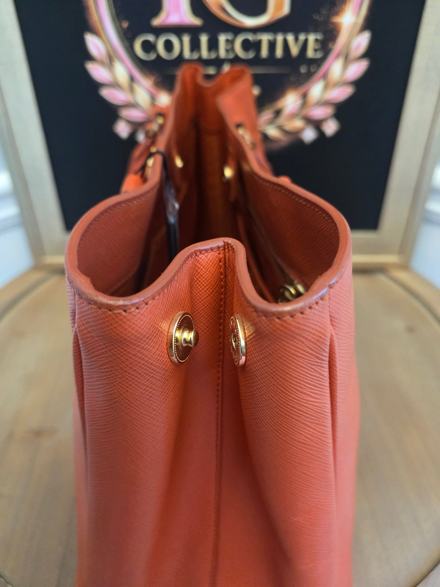 Prada Saffiano Lux Double Zip Tote Bag Papaya Orange Leather Gold Hardware BN1801 Authentic