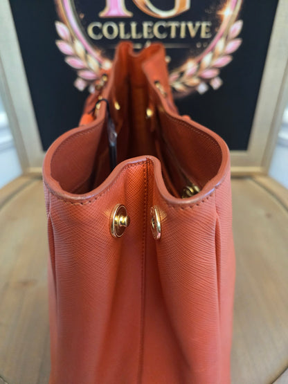 Prada Saffiano Lux Double Zip Tote Bag Papaya Orange Leather Gold Hardware BN1801 Authentic