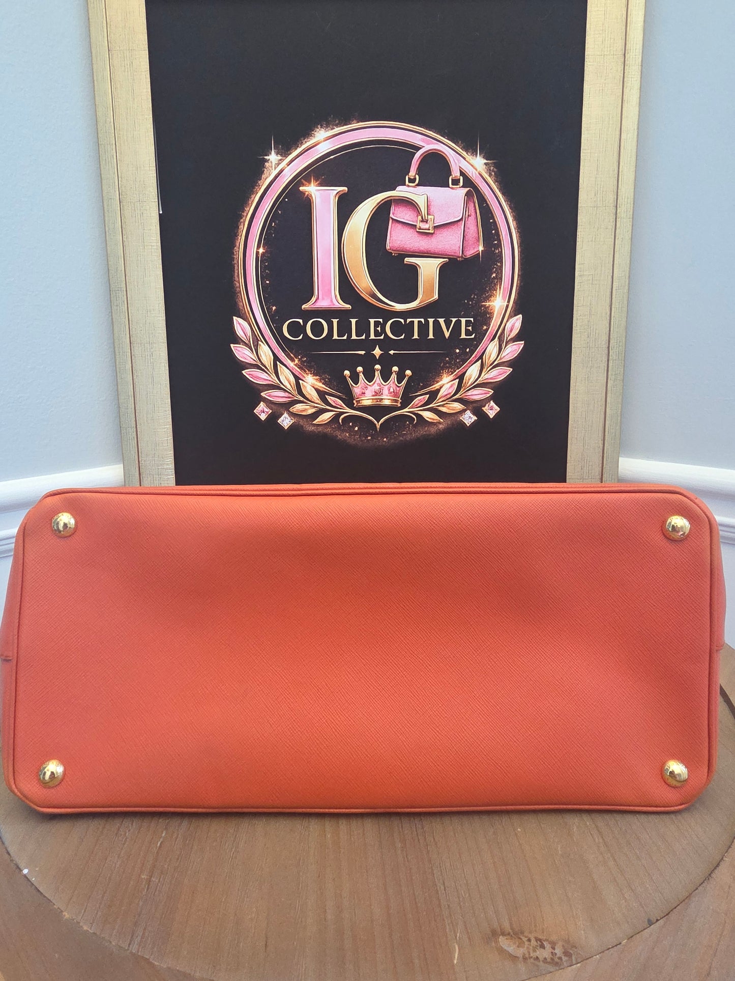 Prada Saffiano Lux Double Zip Tote Bag Papaya Orange Leather Gold Hardware BN1801 Authentic