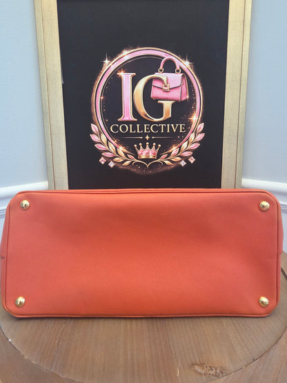 Prada Saffiano Lux Double Zip Tote Bag Papaya Orange Leather Gold Hardware BN1801 Authentic