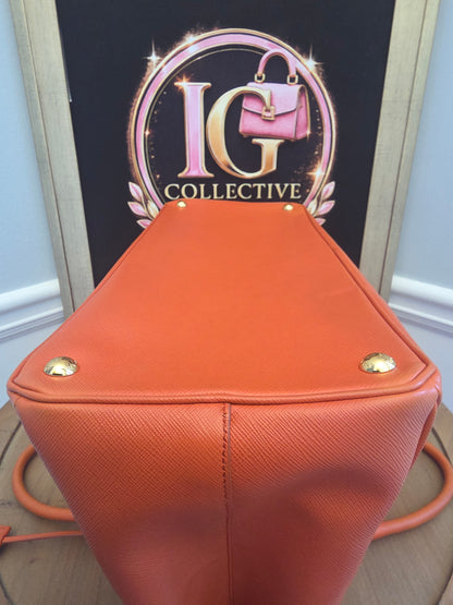 Prada Saffiano Lux Double Zip Tote Bag Papaya Orange Leather Gold Hardware BN1801 Authentic