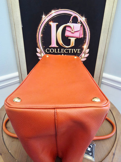 Prada Saffiano Lux Double Zip Tote Bag Papaya Orange Leather Gold Hardware BN1801 Authentic