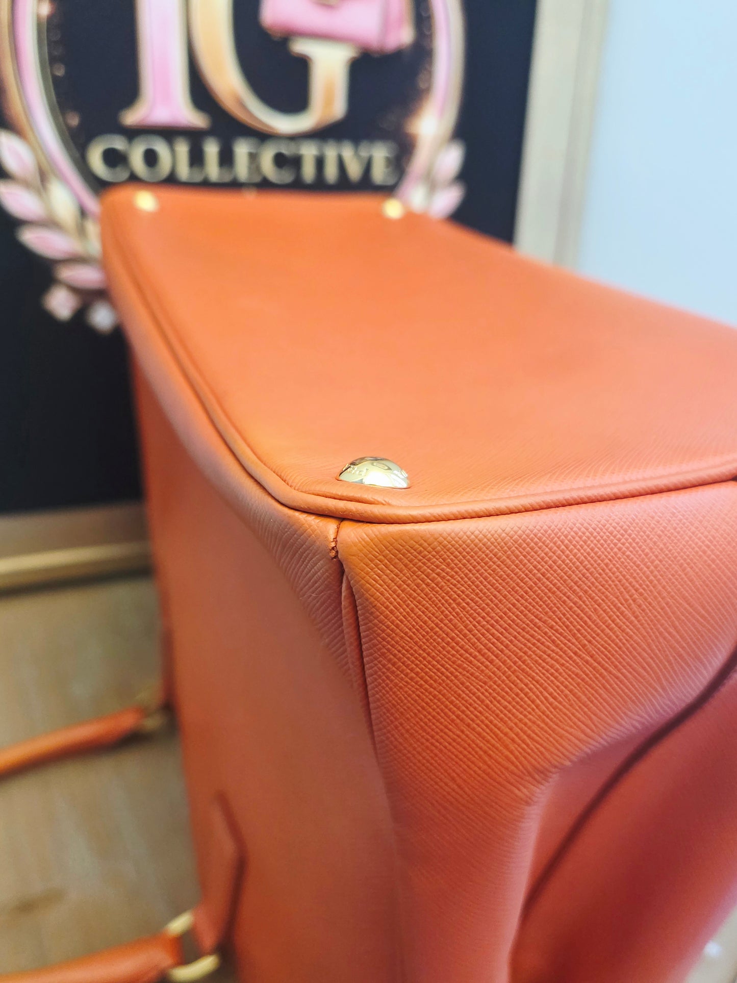 Prada Saffiano Lux Double Zip Tote Bag Papaya Orange Leather Gold Hardware BN1801 Authentic