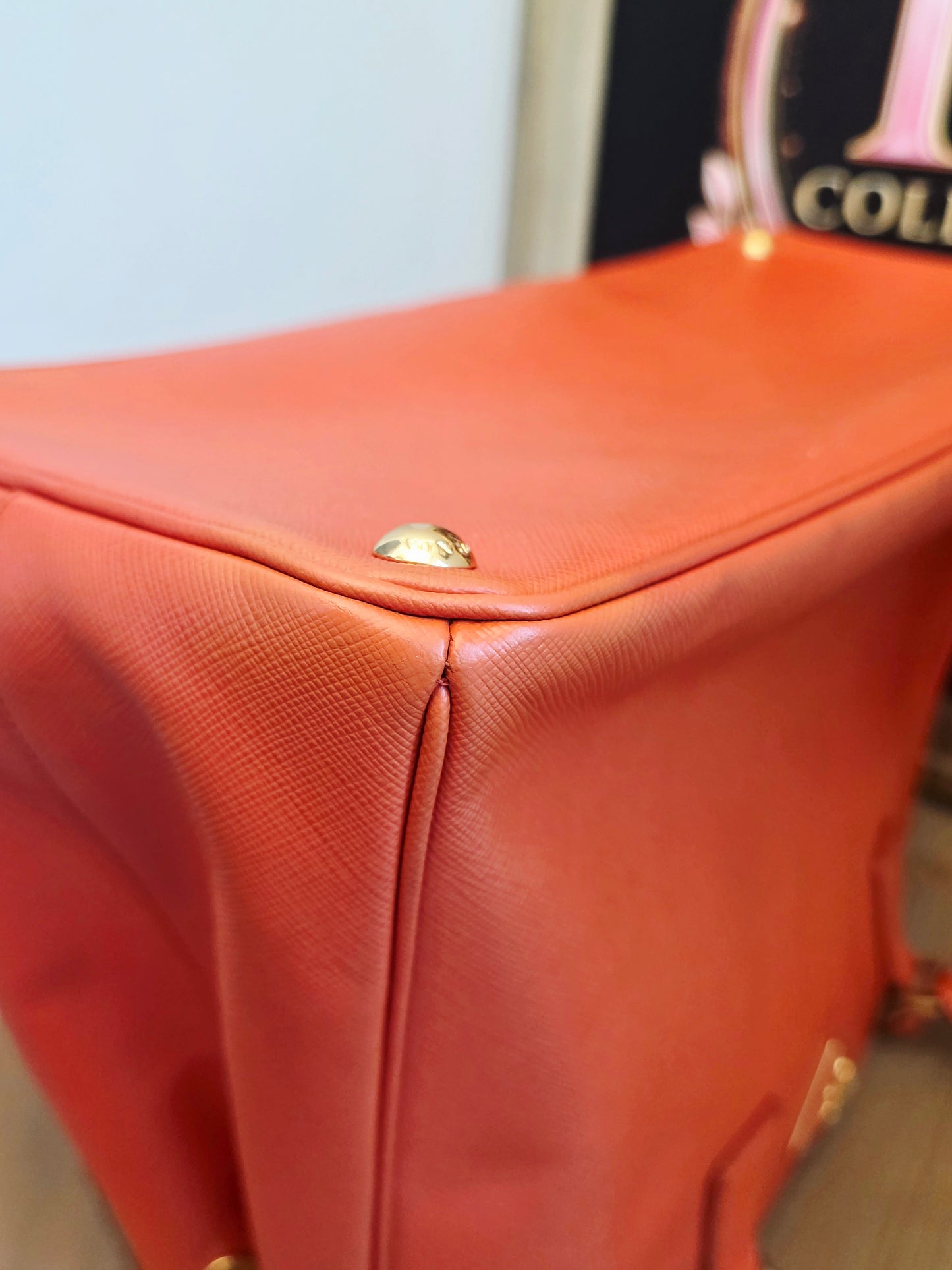 Prada Saffiano Lux Double Zip Tote Bag Papaya Orange Leather Gold Hardware BN1801 Authentic