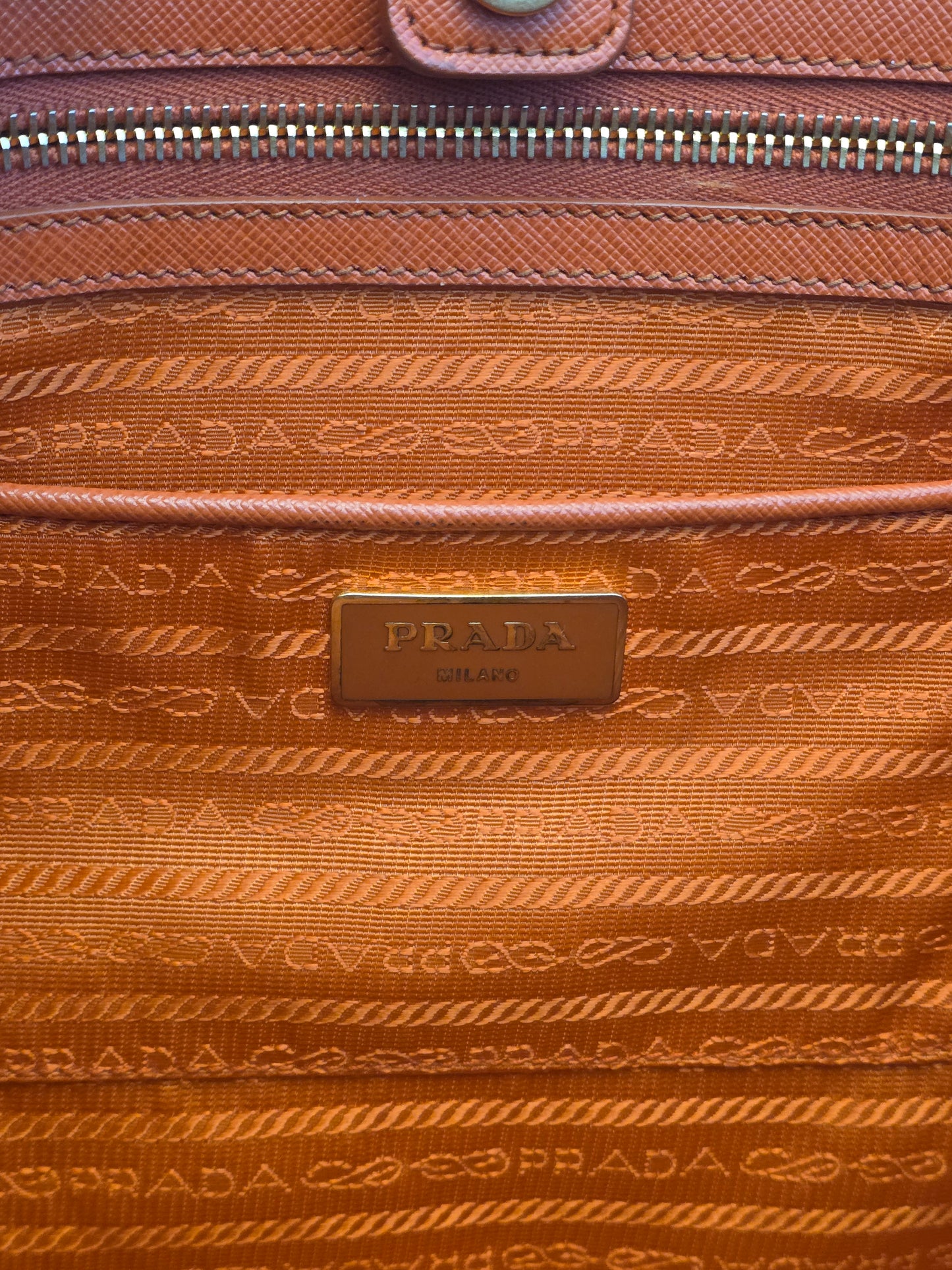 Prada Saffiano Lux Double Zip Tote Bag Papaya Orange Leather Gold Hardware BN1801 Authentic