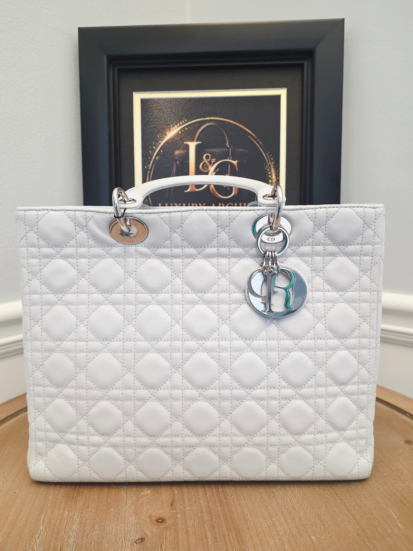 Christian Dior Lady Dior Large Light Gray Cannage Quilted Leather Tote Bag Silver Hardware