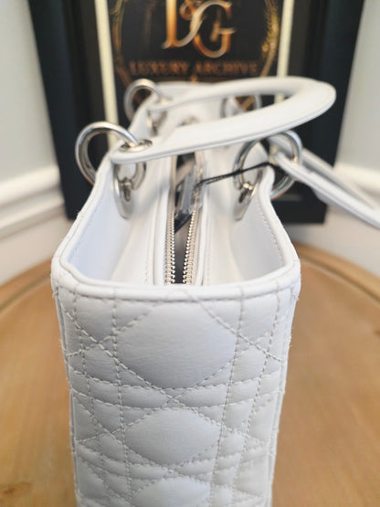 Christian Dior Lady Dior Large Light Gray Cannage Quilted Leather Tote Bag Silver Hardware