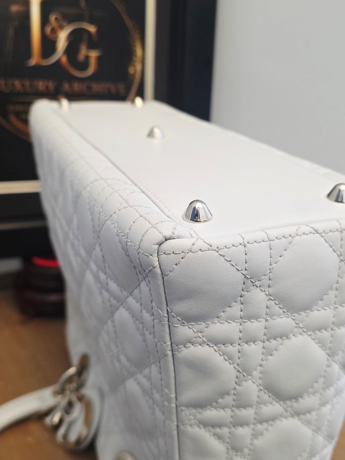 Christian Dior Lady Dior Large Light Gray Cannage Quilted Leather Tote Bag Silver Hardware