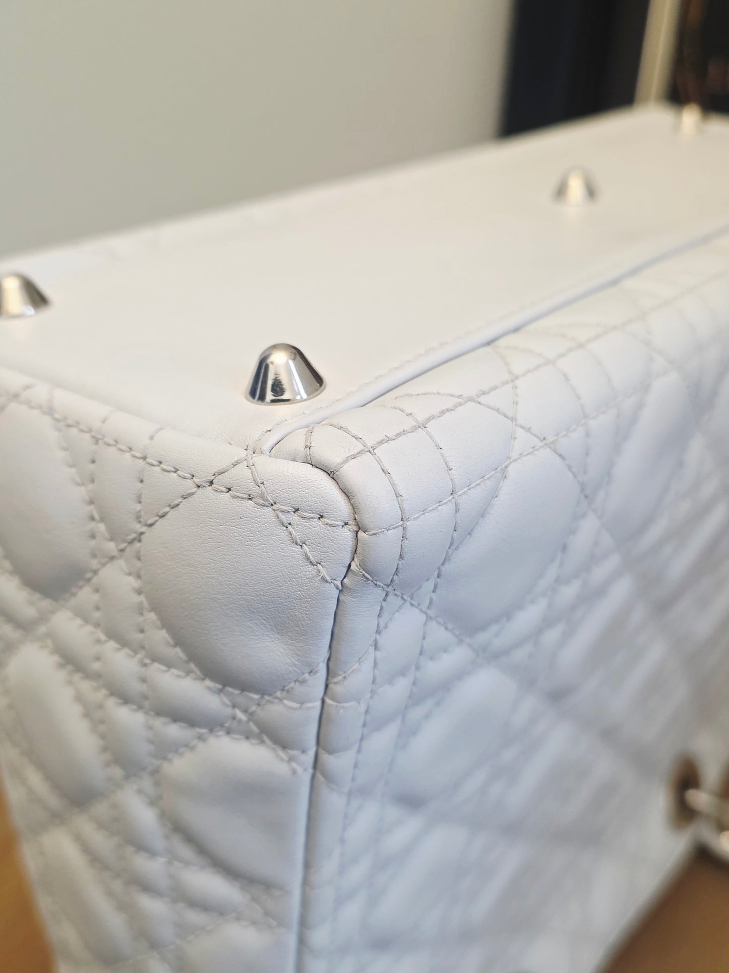 Christian Dior Lady Dior Large Light Gray Cannage Quilted Leather Tote Bag Silver Hardware