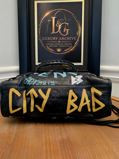 Balenciaga City Graffiti Bag Black Multicolor Leather | Classic Motorcycle Satchel