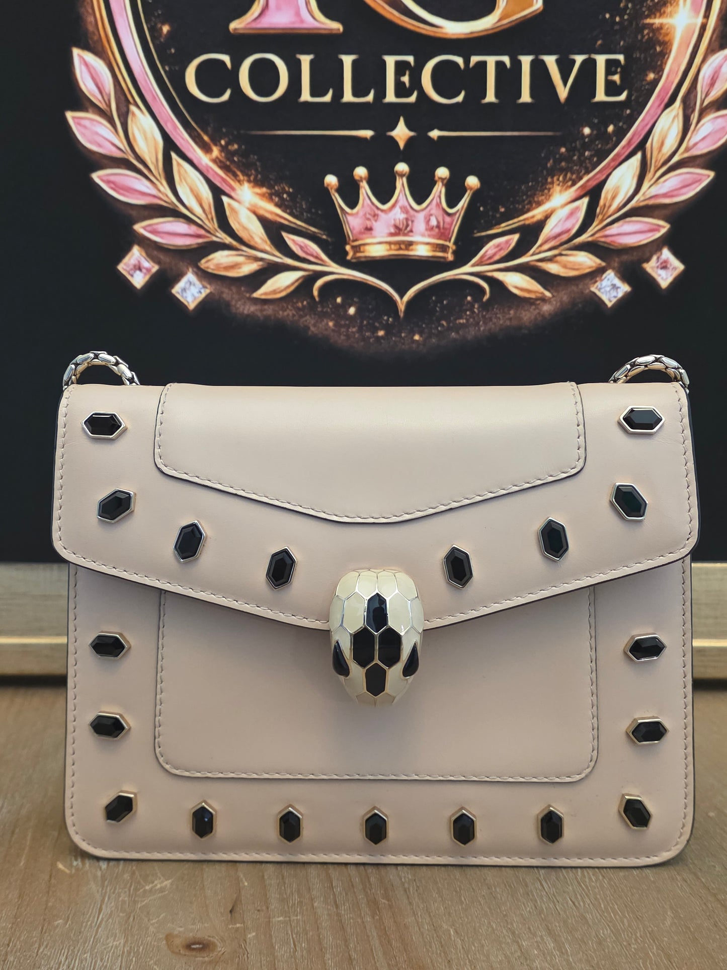 Bvlgari Serpenti Forever Beige Studded Crossbody Bag | Black Onyx Snakehead Chain Shoulder Bag