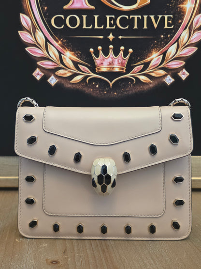 Bvlgari Serpenti Forever Beige Studded Crossbody Bag | Black Onyx Snakehead Chain Shoulder Bag