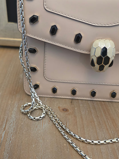 Bvlgari Serpenti Forever Beige Studded Crossbody Bag | Black Onyx Snakehead Chain Shoulder Bag